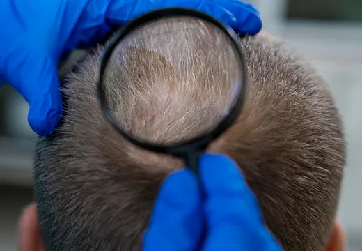 Dermatologist performing close up scalp analysis for hair loss 520x360