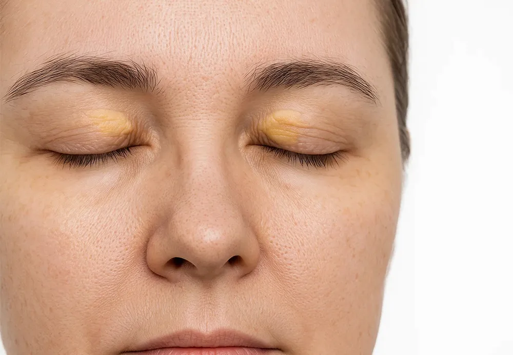 Before treatment view of yellow cholesterol patches on eyelids at Dermatrix clinic Thane and Mumbai
